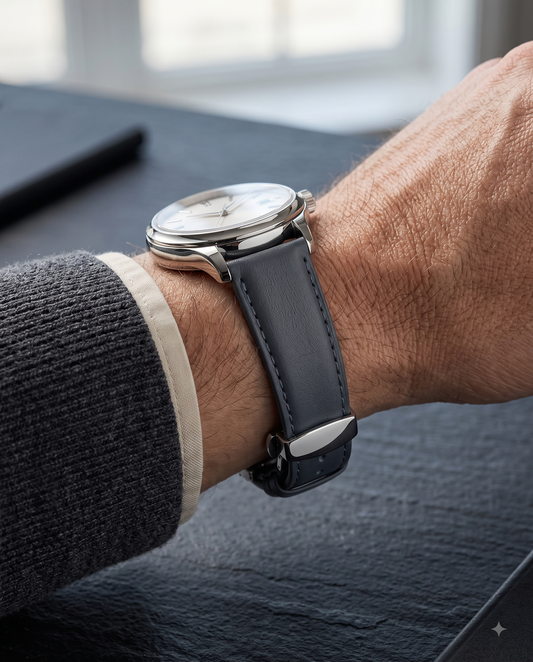 20mm | 22mm | 24mm Slate Grey Leather Watch Strap with Butterfly Clasp