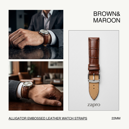22mm Brown & Maroon Croc (Padded) Leather Watch Strap