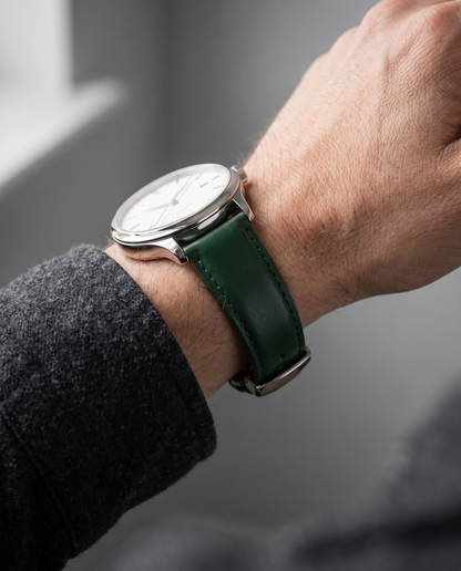 20mm | 22mm | 24mm Dark Green (Half - Padded) Leather Watch Strap with Butterfly Clasp