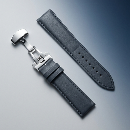 20mm | 22mm | 24mm Slate Grey Leather Watch Strap with Butterfly Clasp