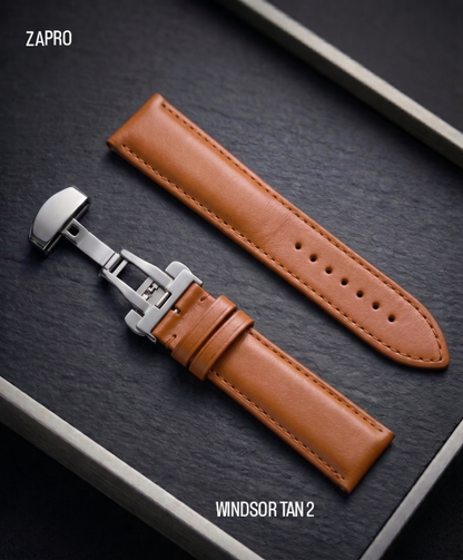 20mm | 22mm | 24mm Windsor Tan 2 (Half - Padded) Leather Watch Strap with Butterfly Clasp