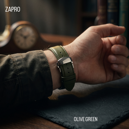 20mm | 22mm | 24mm Olive Green (Half - Padded) Leather Watch Straps with Butterfly clasp