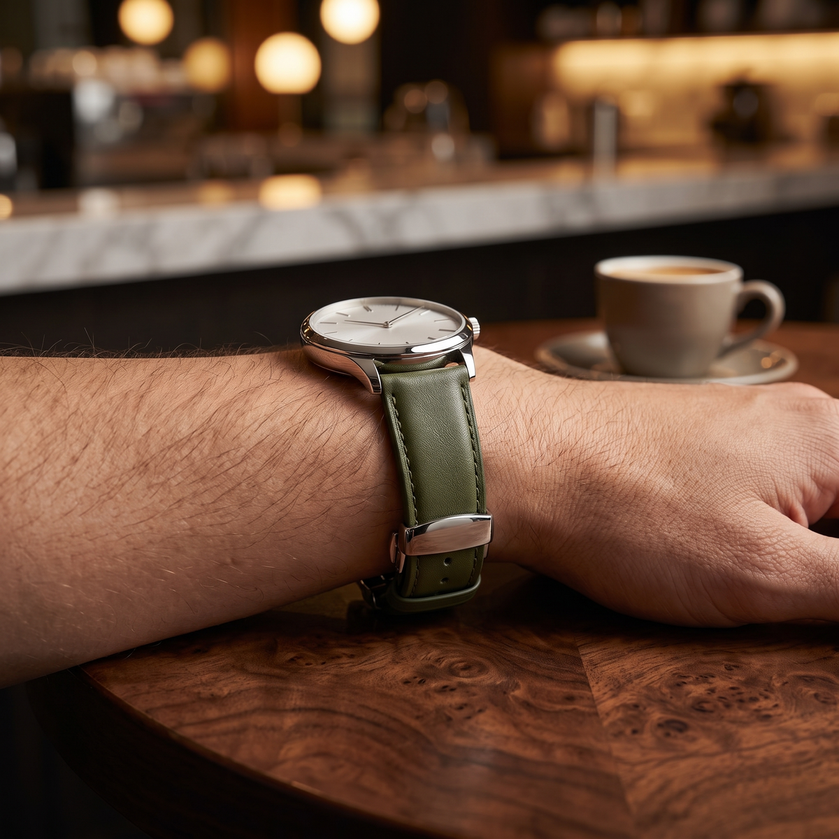 20mm | 22mm | 24mm Olive Green (Half - Padded) Leather Watch Straps with Butterfly clasp