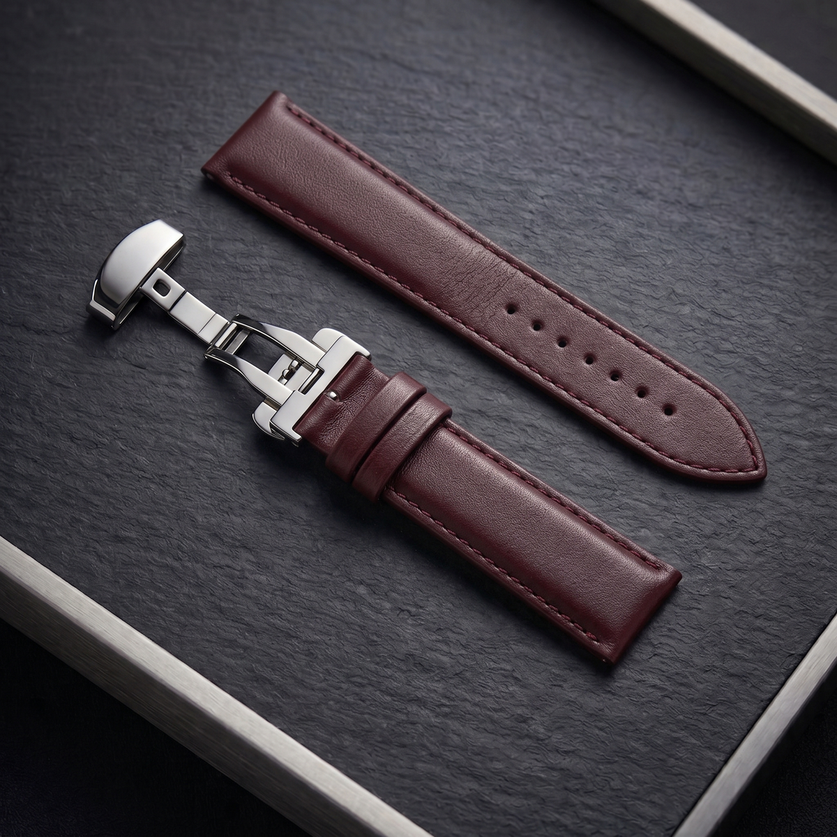 20mm  Burgundy Royale (Half - Padded) Leather Watch Strap with Butterfly Clasp