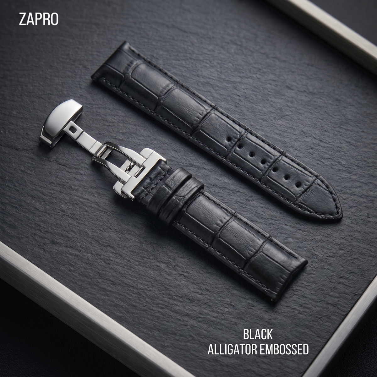 20mm  Croc Black Leather Watch Straps with Butterfly Clasp