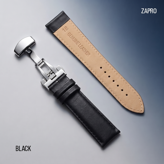 18mm | 20mm | 22mm Royal Black Leather Watch Straps with Butterfly Clasp