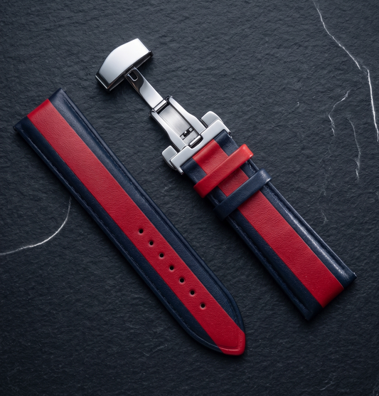 24mm Navy Blue and Red Two-Tone (Half - Padded) Leather Watch Strap