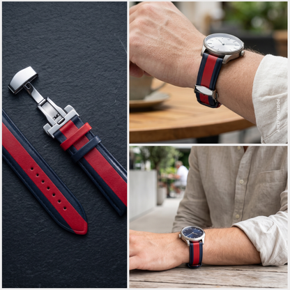 24mm Navy Blue and Red Two-Tone (Half - Padded) Leather Watch Strap